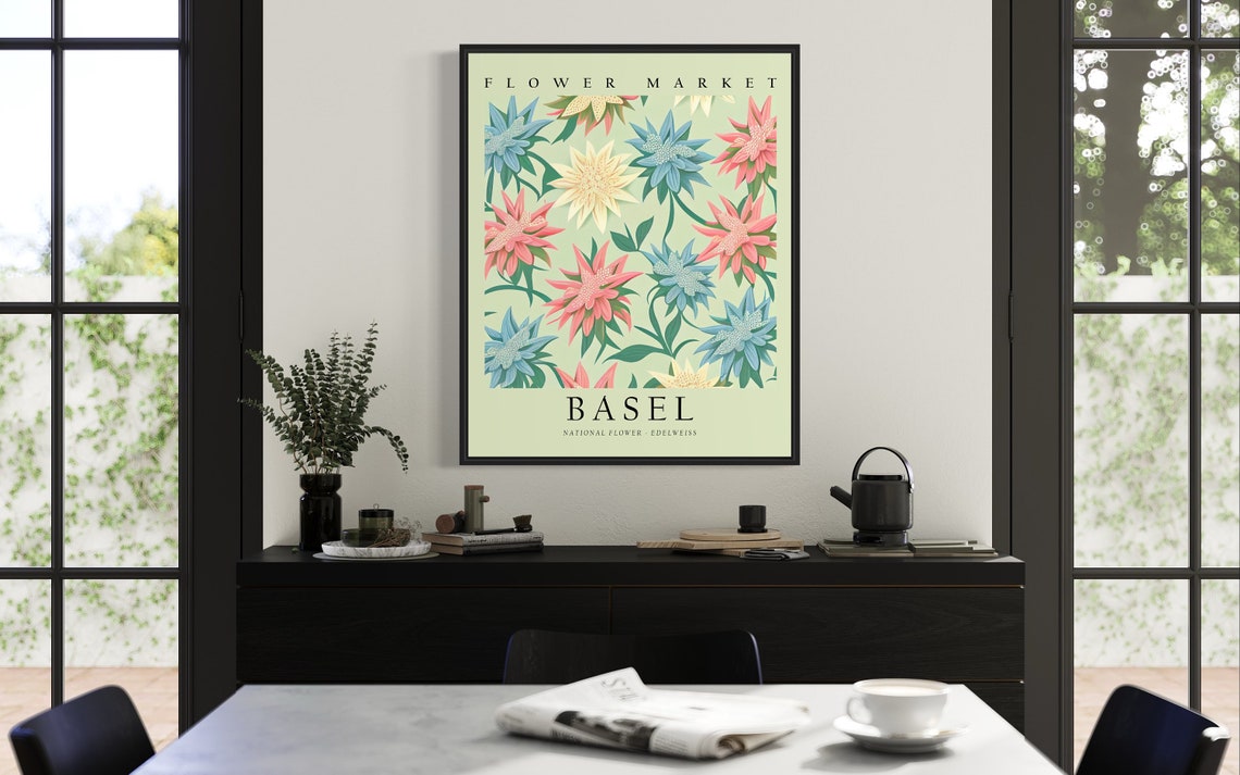 Basel Flower Market Edelweiss Botanical Pattern Illustration Poster - Image 3