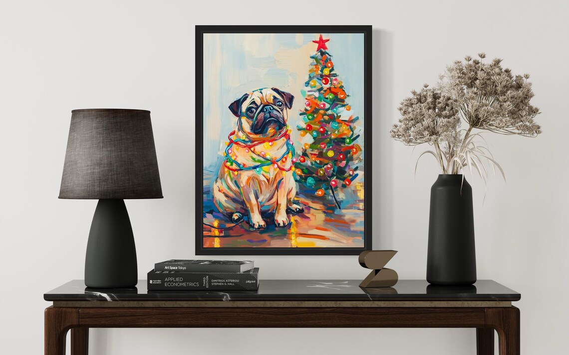 Pug Dog Tangled In Christmas Lights Poster - Image 2