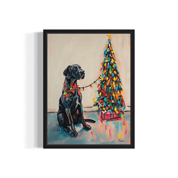Black Great Dane Dog with Christmas Lights by Holiday Tree Poster