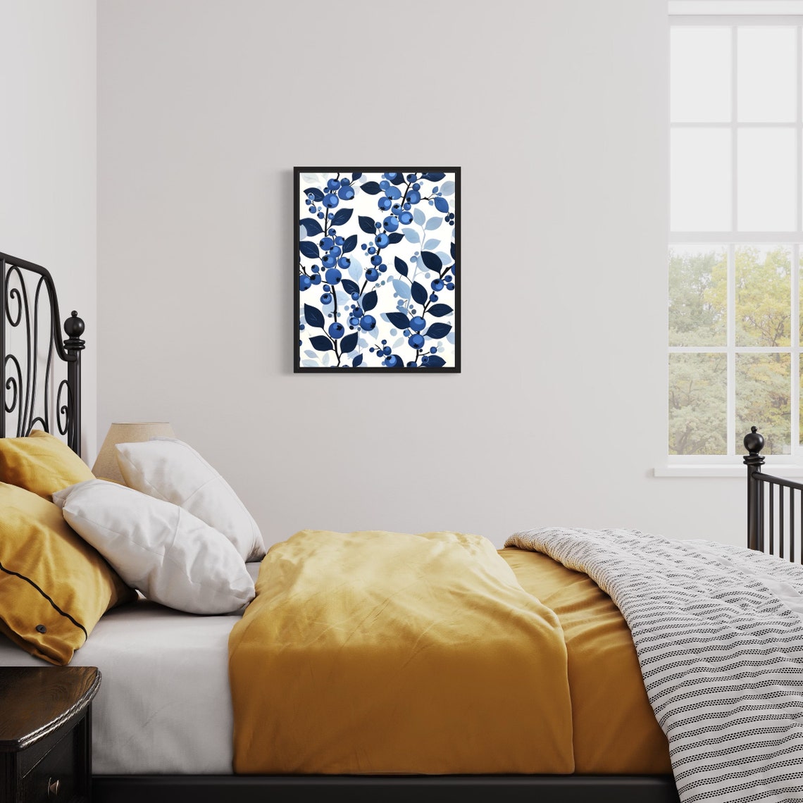 Blueberry Branch Pattern Navy Blue Botanical Kitchen Art Poster - Image 3