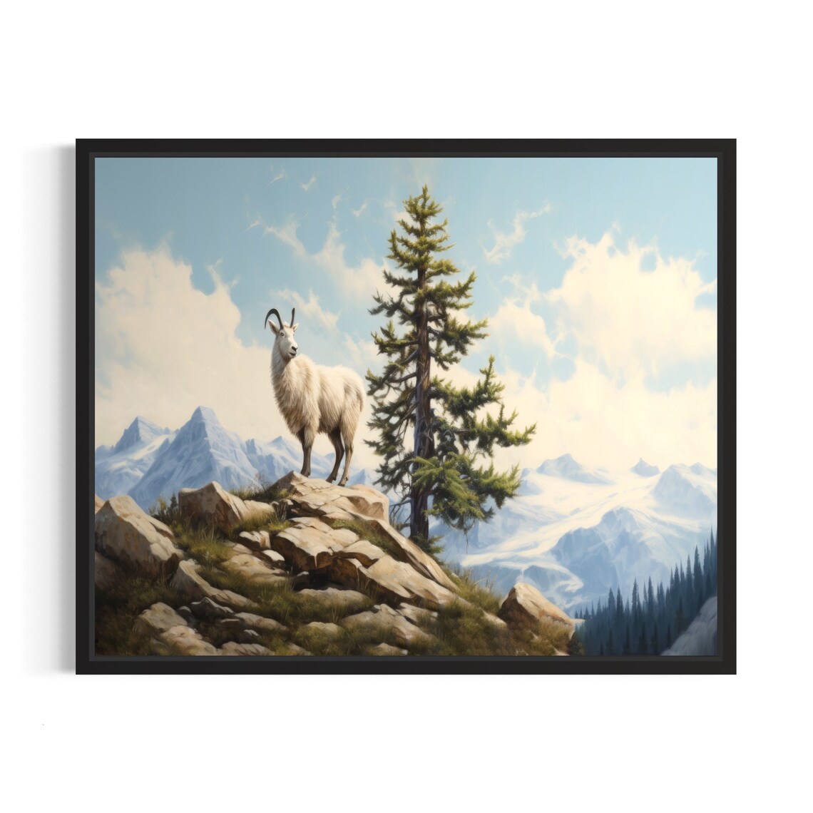 Mountain Goat on Rocky Peak Alpine Landscape Painting Poster