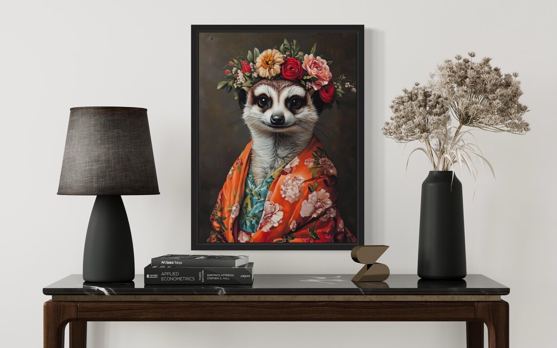 Meerkat With Red Rose Flower Crown In Orange Floral Kimono Art Print - Image 2
