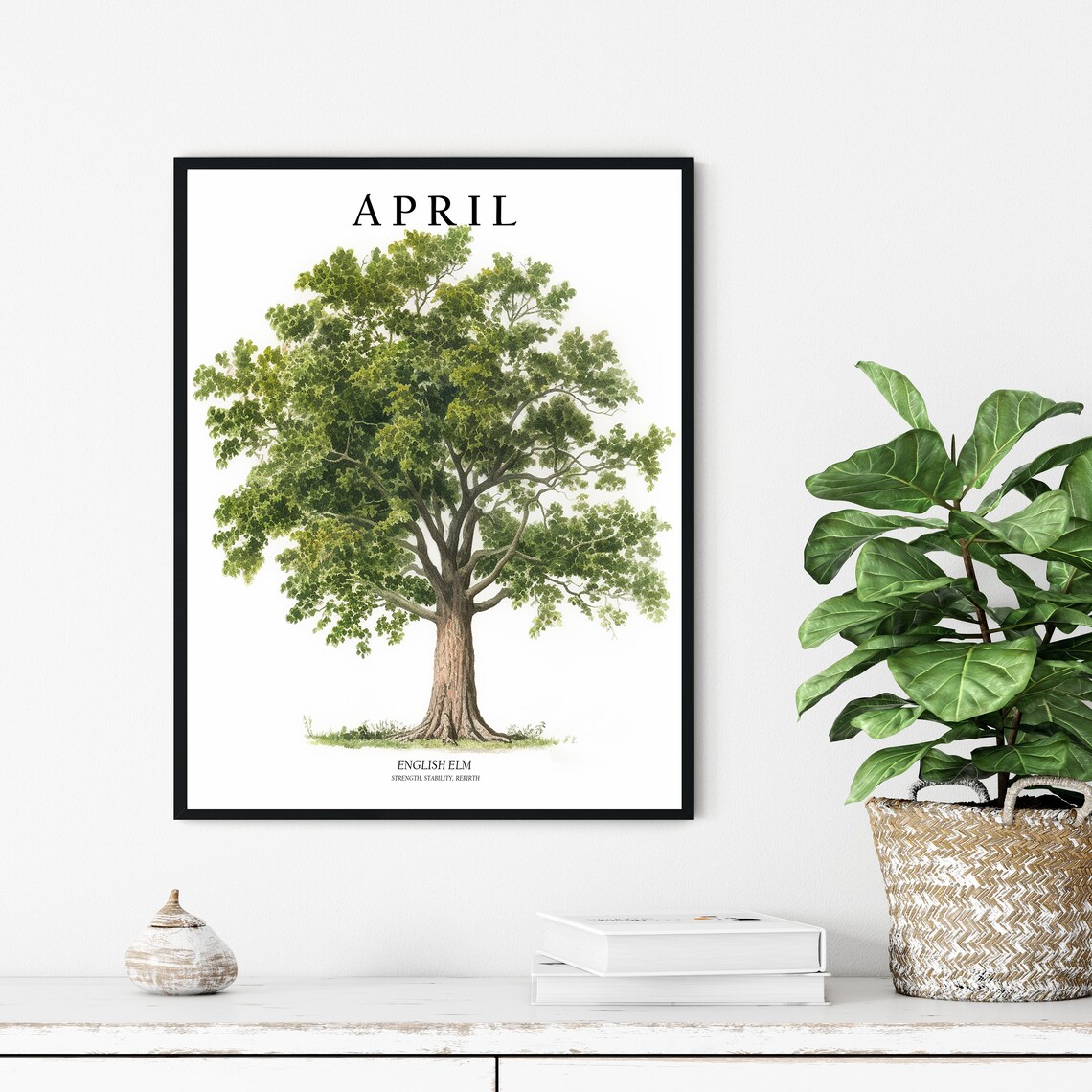 April English Elm Tree of the Month Watercolor Botanical Poster - Image 3