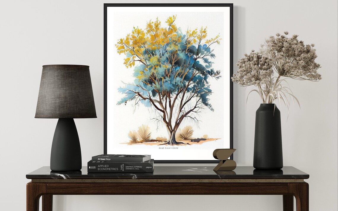 Blue Palo Verde Desert Tree Golden Bloom Watercolor Art Poster - Image 2