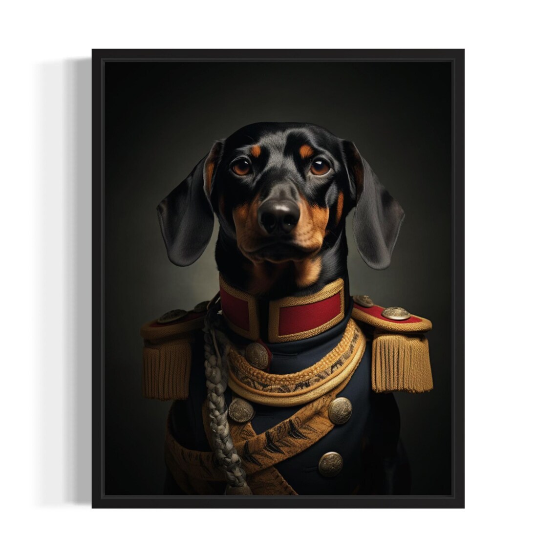 Black and Tan Dachshund in Ornate Military Uniform Portrait Poster