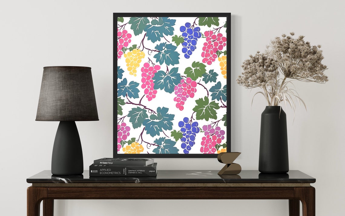 Grape Vine Pattern Pink Blue Yellow Colorful Fruit Art Poster - Image 2