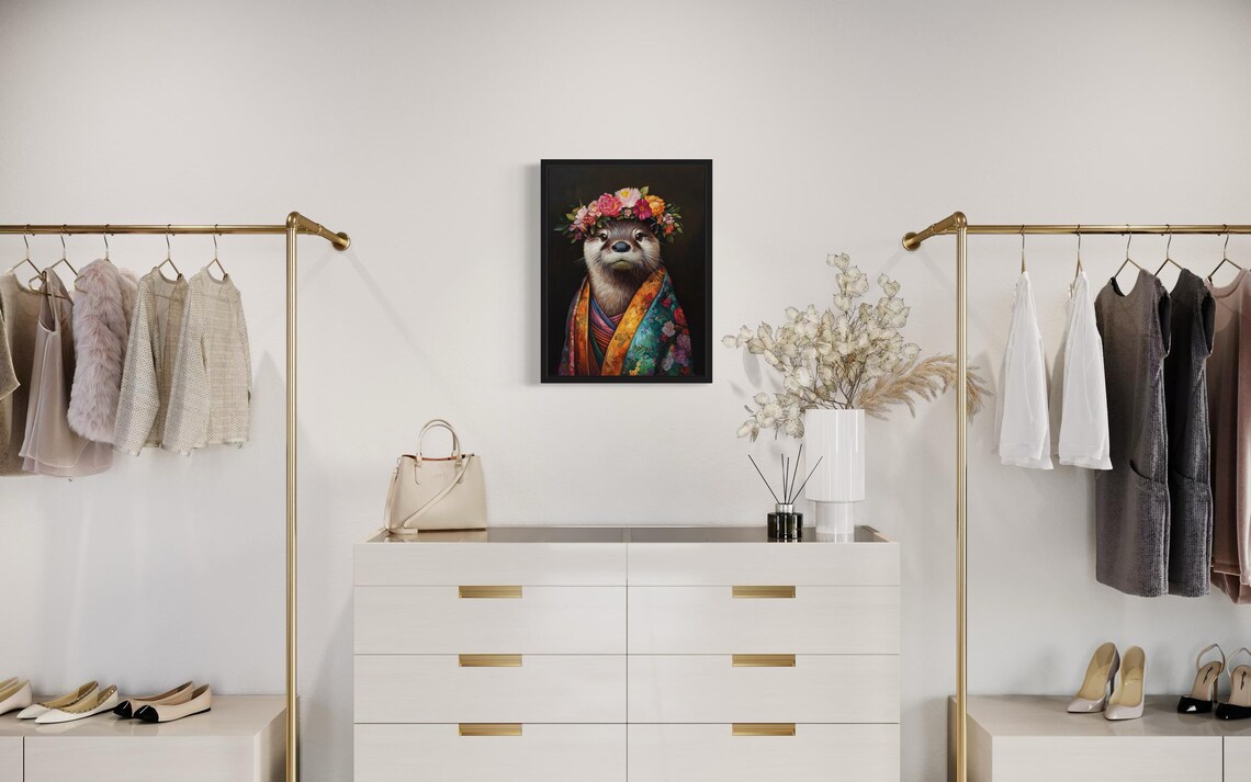 Otter Portrait With Pink Flower Crown In Teal Floral Kimono Art Print - Image 2