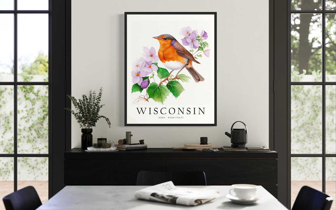 Wisconsin State Bird Art Print, State Flower - Image 3