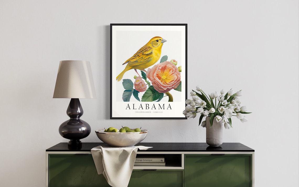 Alabama State Bird Art Print, State Flower Wall Art - Image 2