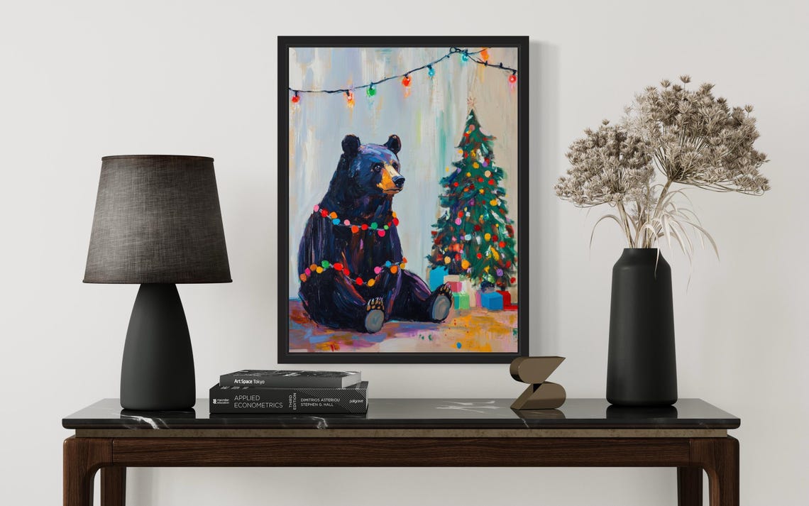 Black Bear Tangled In Christmas Lights Holiday Poster Artwork - Image 3