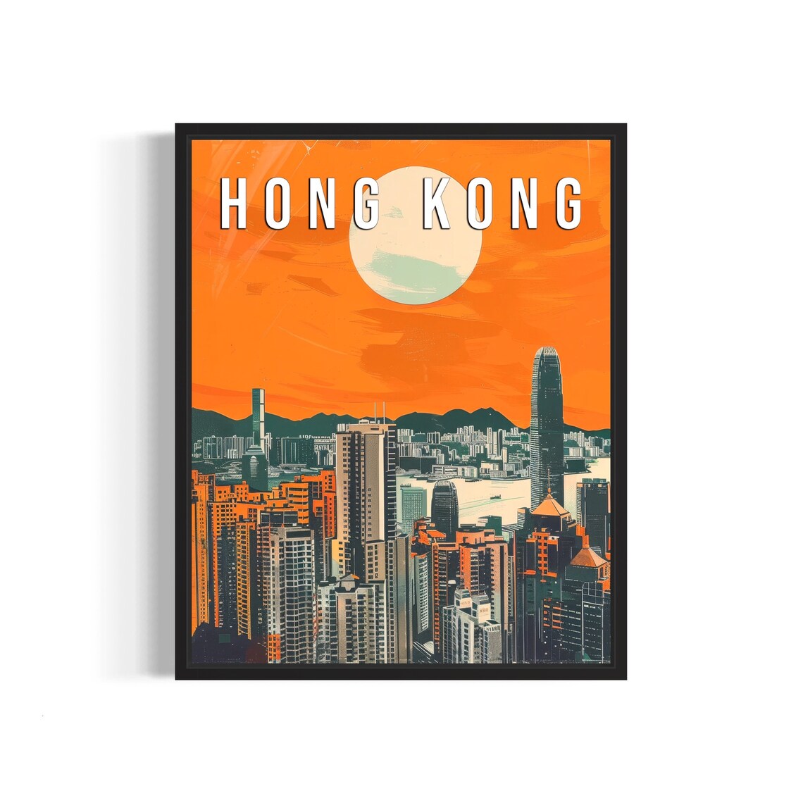Hong Kong City Skyline Retro Sunset Travel Art Vintage Poster