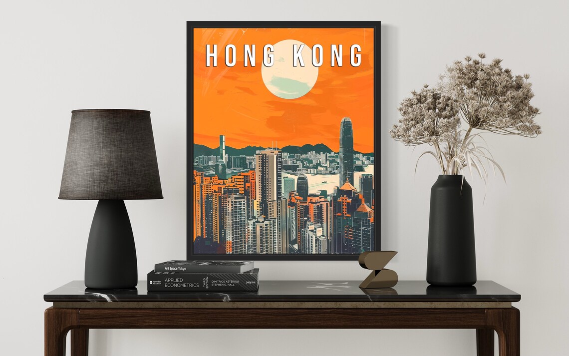 Hong Kong City Skyline Retro Sunset Travel Art Vintage Poster - Image 2