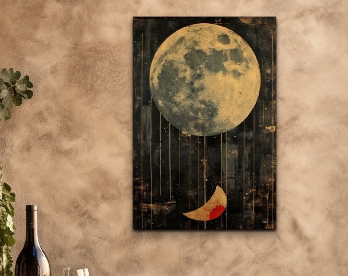 Golden Full Moon and Crescent Mid Century Modern Night Poster