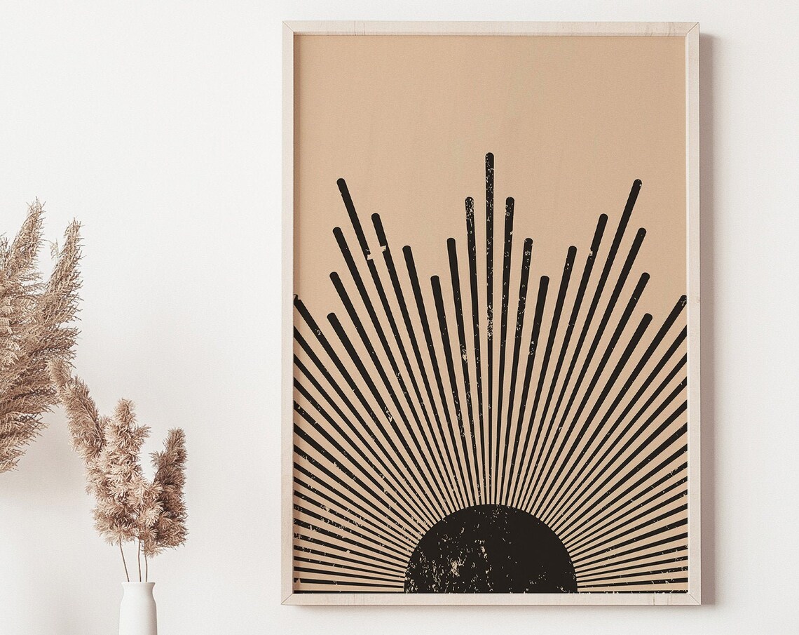 Black Rising Sun Rays on Beige Mid Century Boho Sun Decor Poster