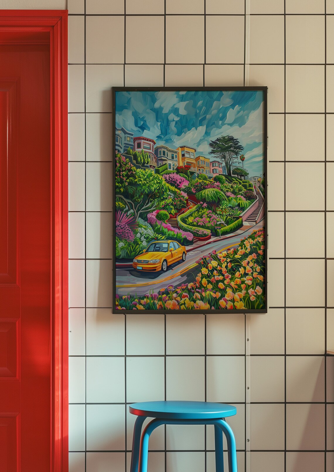 Colorful Winding Hillside City Street with a Yellow Taxi Poster - Image 9