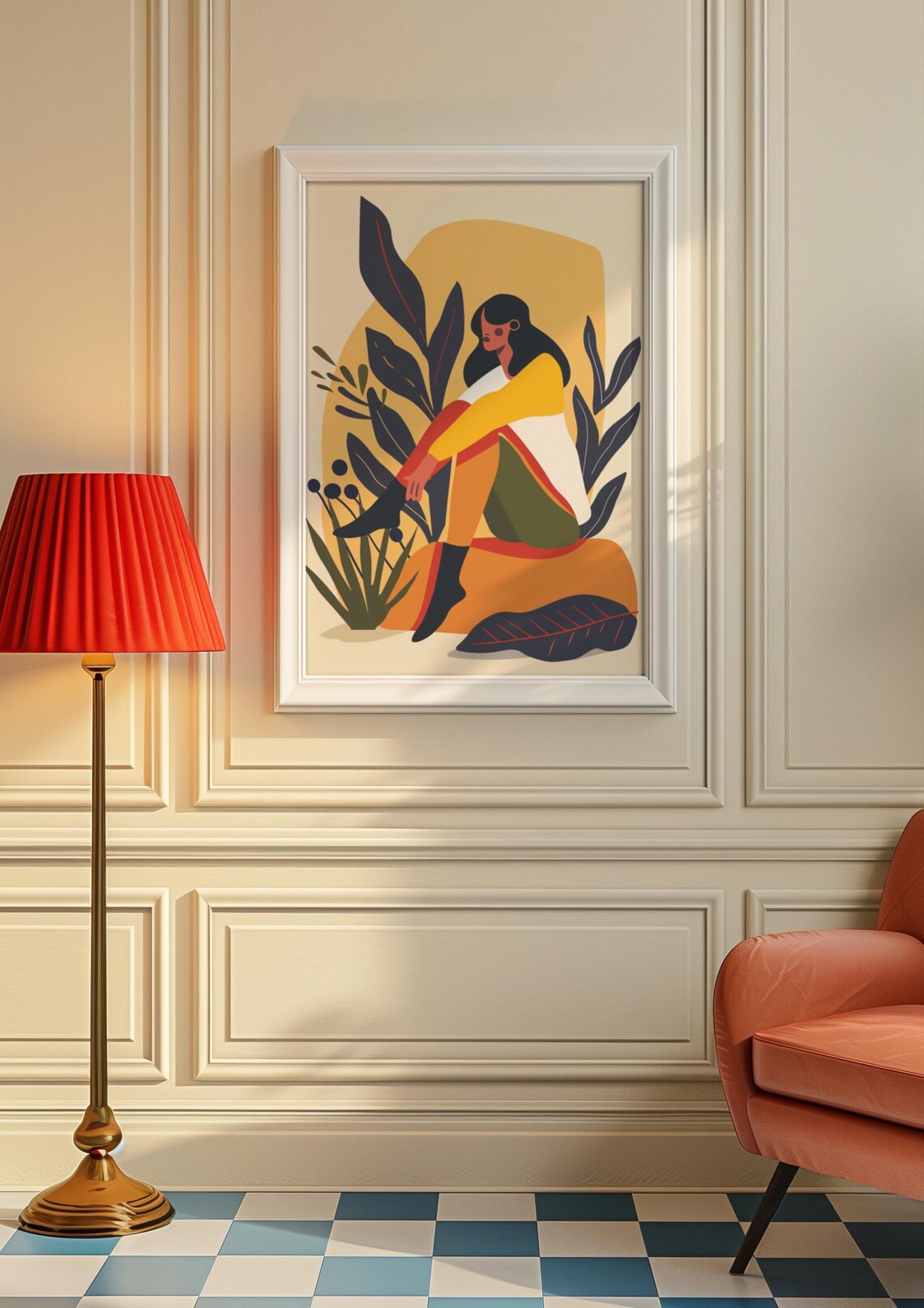 Seated Woman Among Bold Botanical Leaves Boho Nature Illustration Poster - Image 5