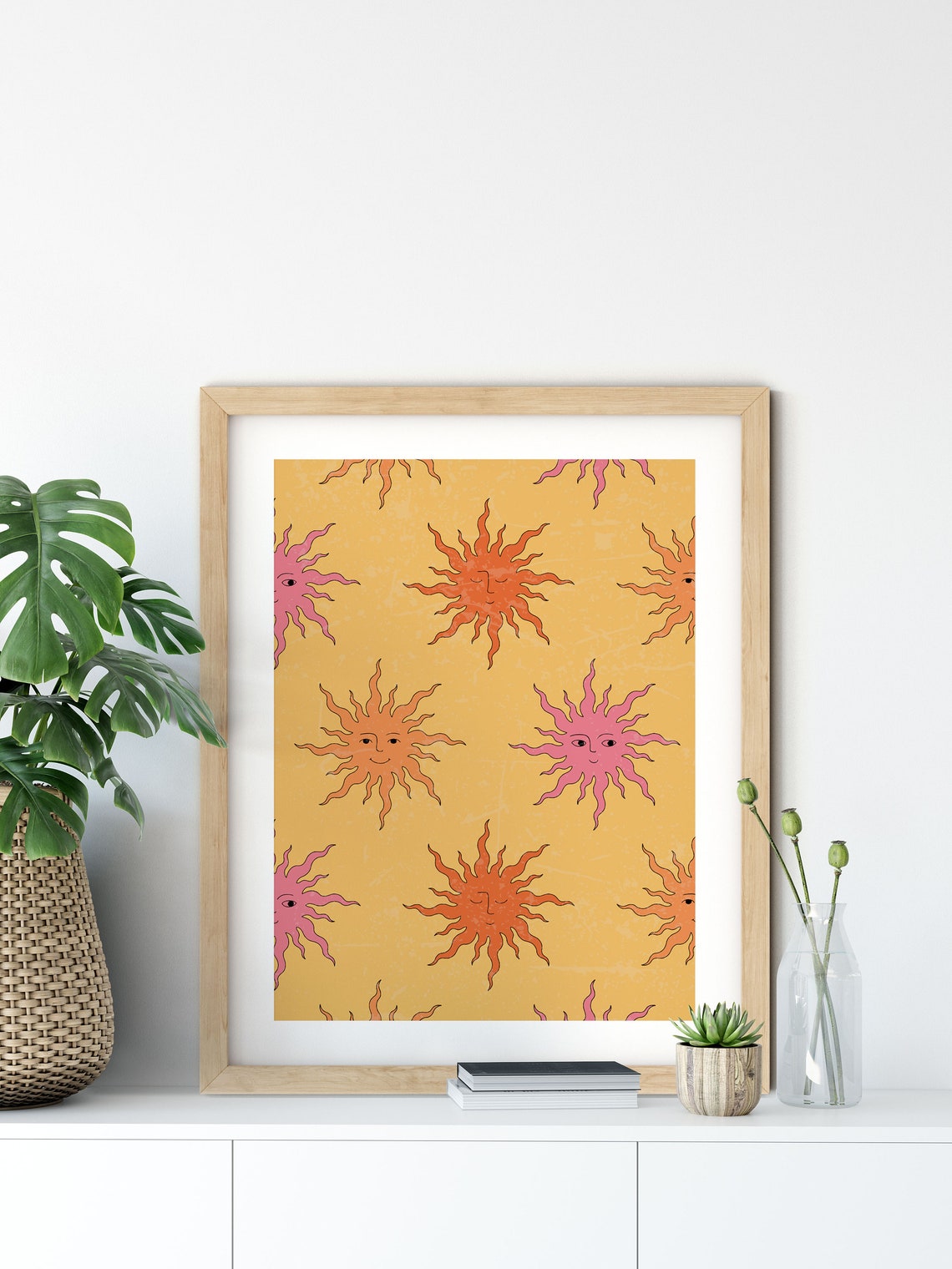 Boho Smiling Sun Faces Pattern Yellow Golden Retro 70s Art Poster - Image 6