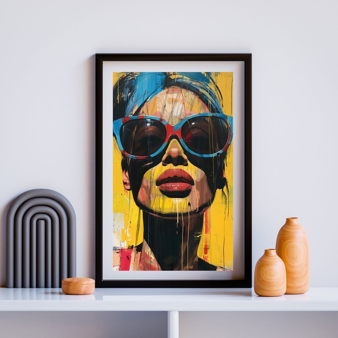 Bold Pop Art Woman With Big Sunglasses Poster On Yellow Paint - Image 3