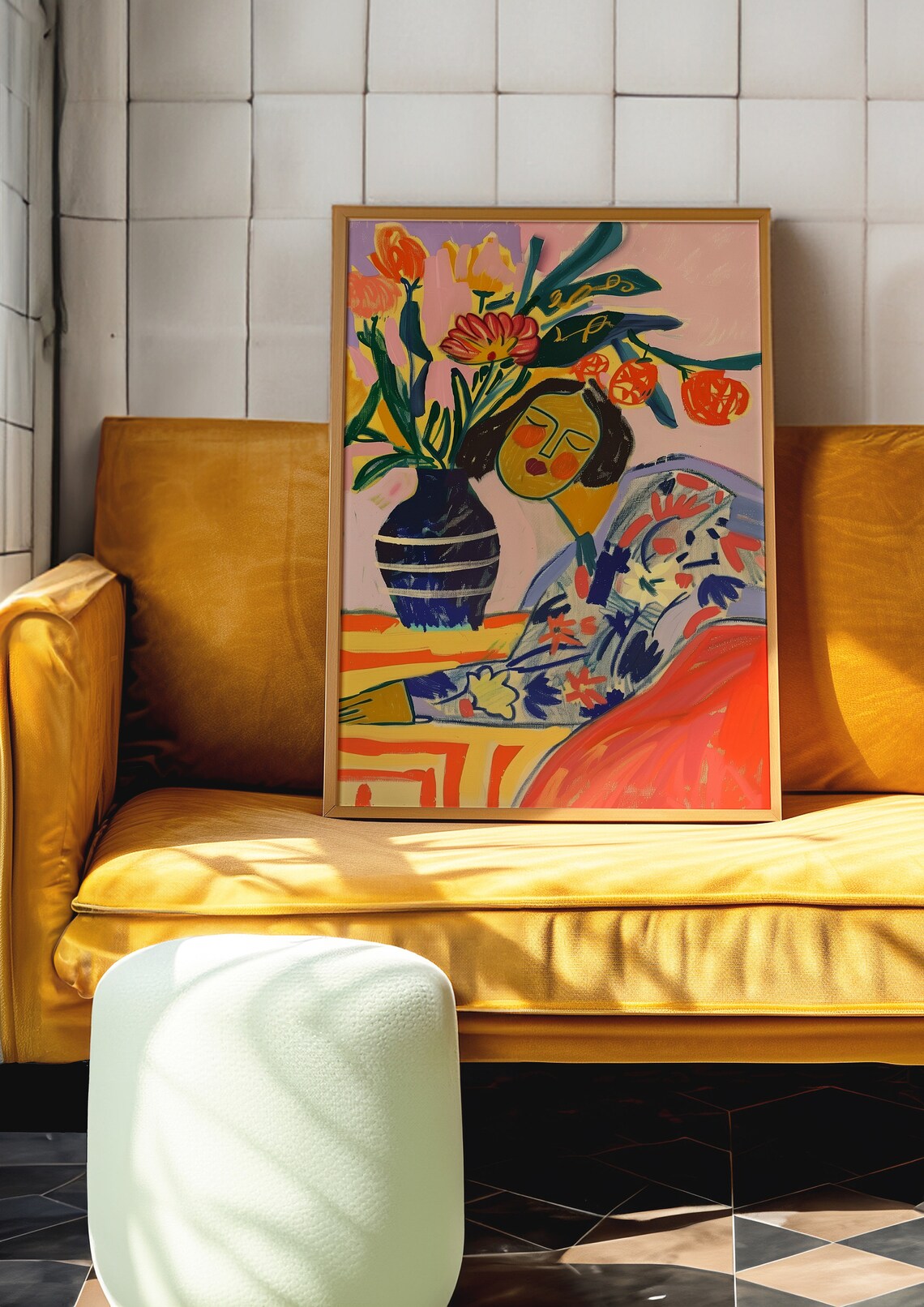 Resting Woman by Blue Vase With Red Orange Flowers Still Life Poster - Image 5