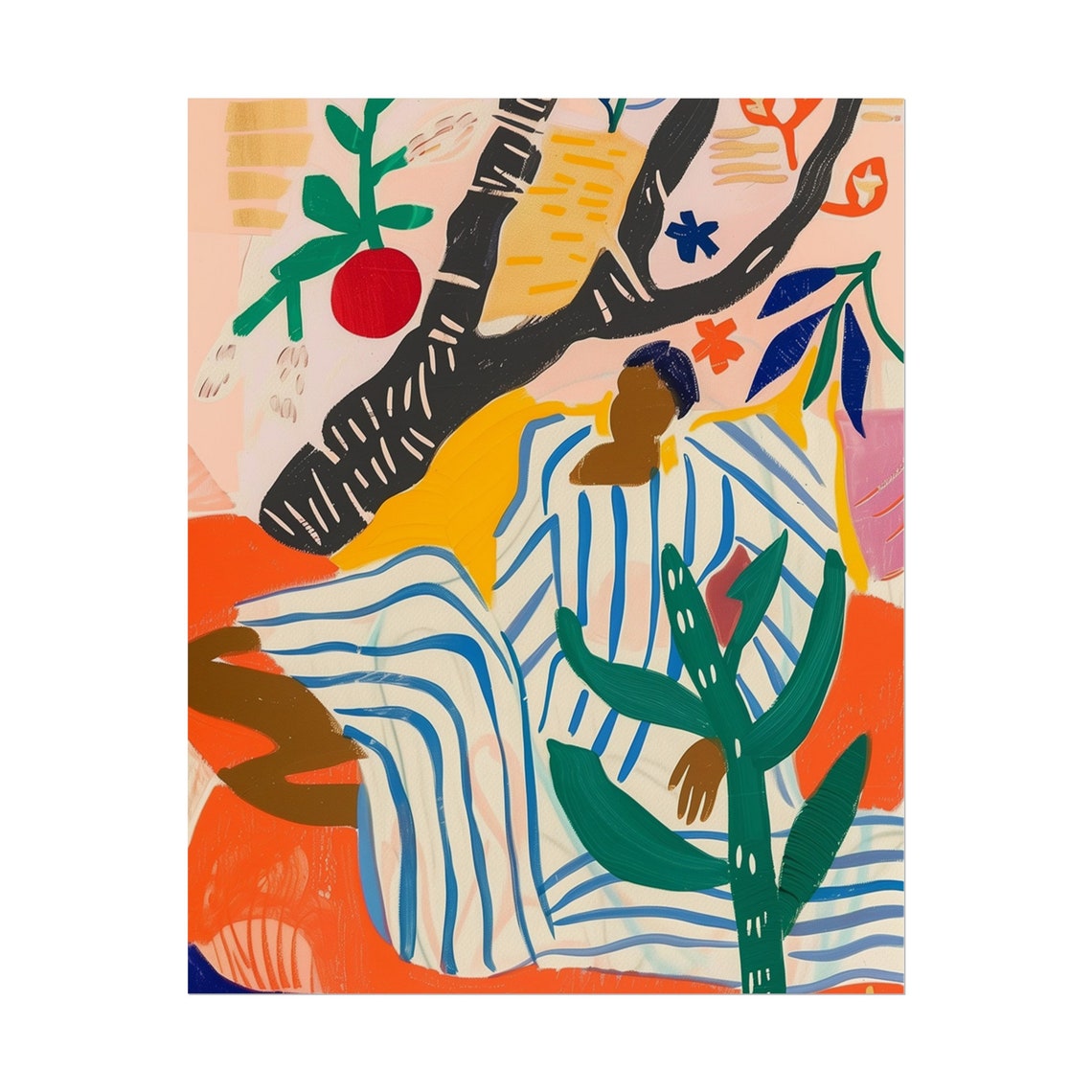 Figure Reclining Under Fruit Tree Striped Blanket Abstract Poster - Image 4