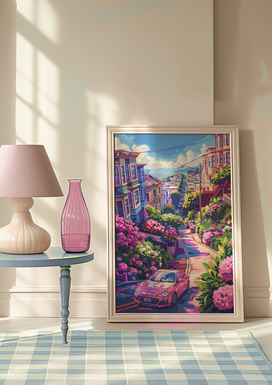 Joyful Hilly City Street with a Pink Car and Blooming Flowers Poster - Image 5