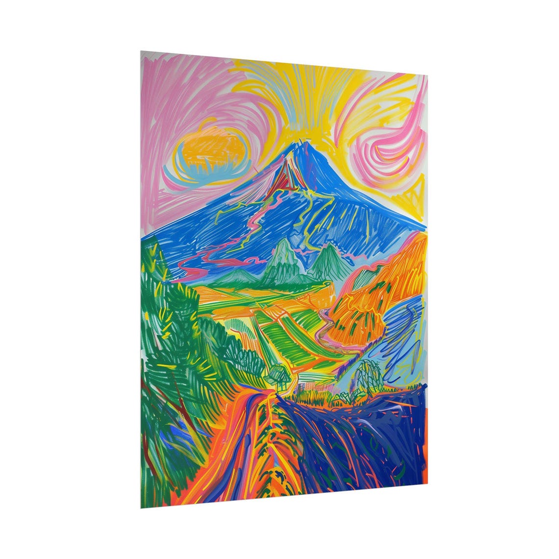 Blue Mountain Under Swirling Pink Yellow Sky Vibrant Landscape Poster - Image 2