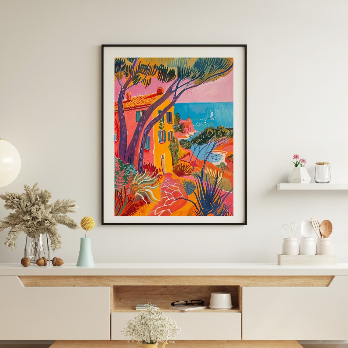 Vivid Sunset Coastal House with Pine Trees Overlooking Sea Poster - Image 8