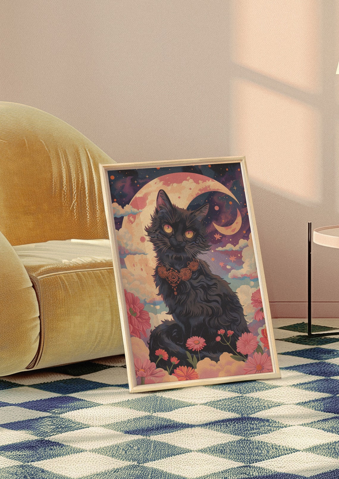 Mystical Black Cat Moonlit Sky Floral Fantasy Animal Wall Art - Image 3