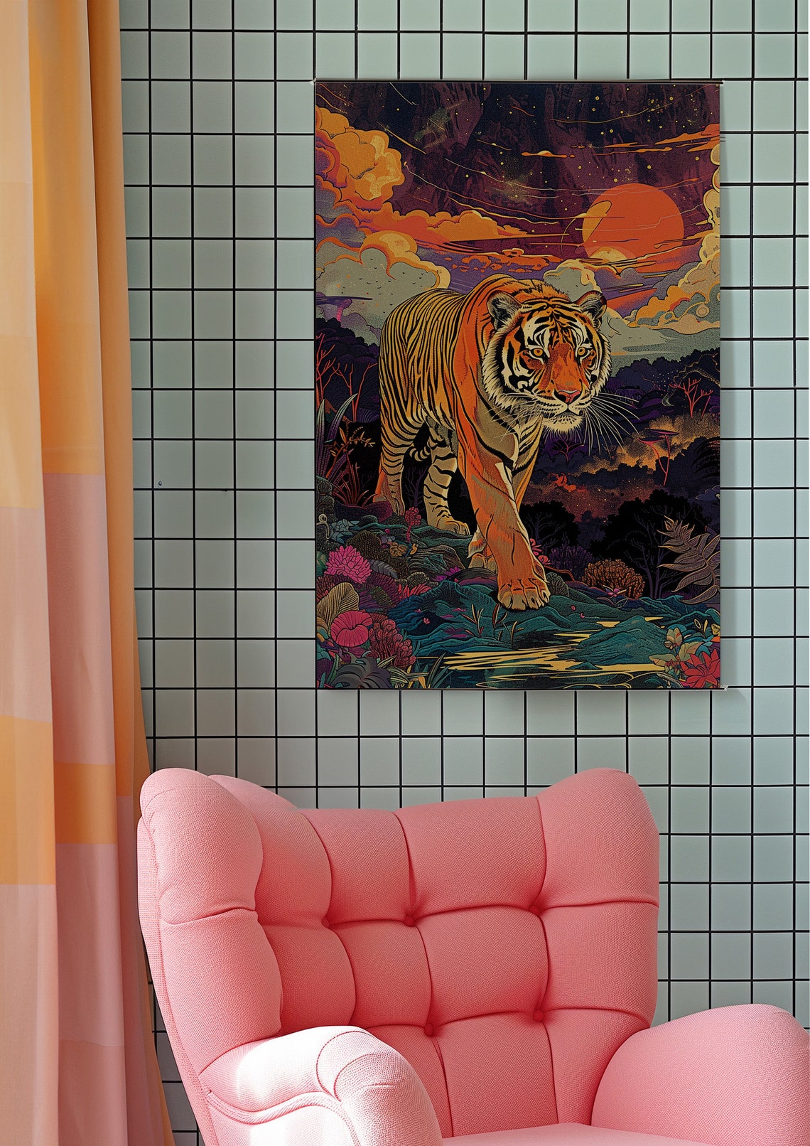Majestic Tiger Walking Through Flowers at a Fiery Sunset Poster - Image 3