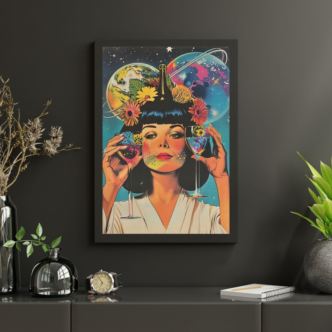 Retro Wine Woman Poster With Two Glasses Flowers And Planets - Image 5