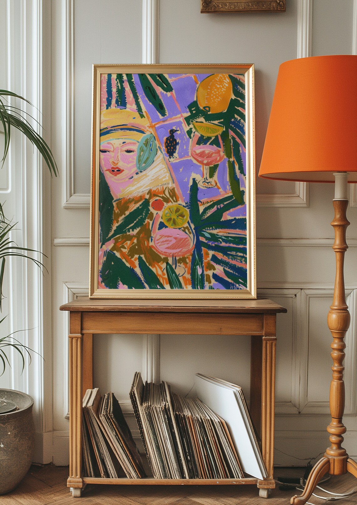 Woman Portrait With Cocktail Glasses Citrus Leaves Abstract Art Print - Image 2