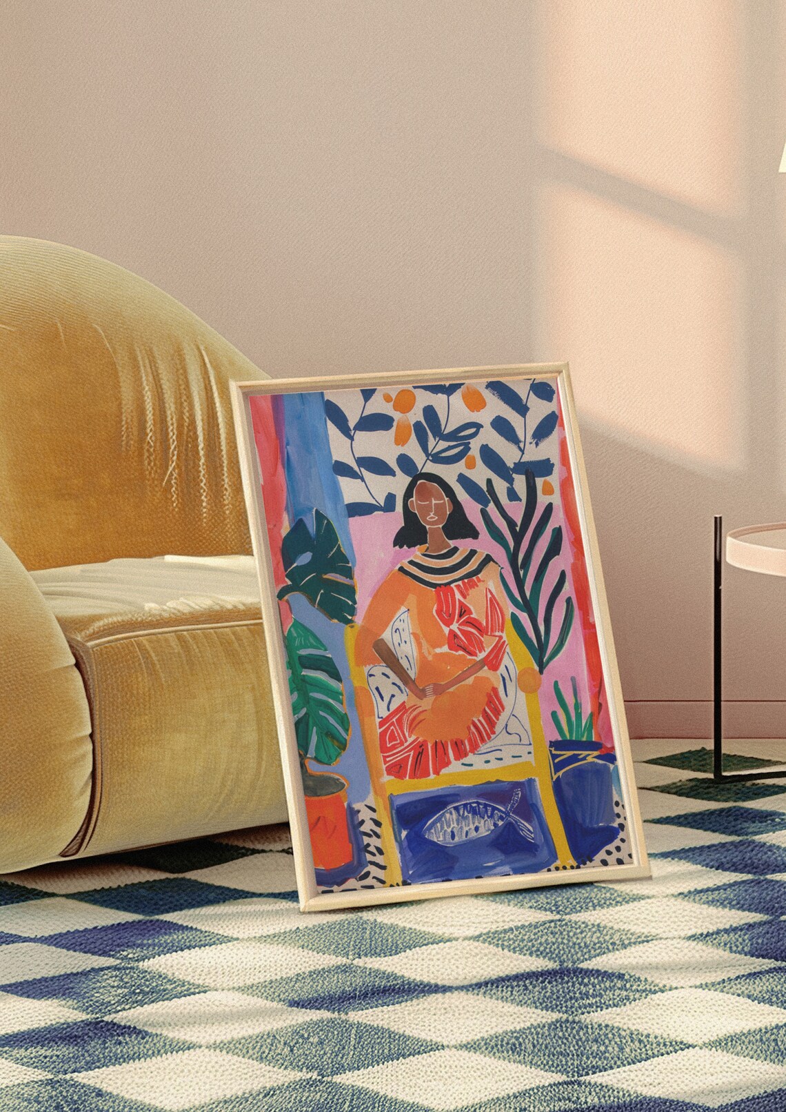 Seated Woman in a Vivid Orange Dress Among Tropical Plants Poster - Image 2