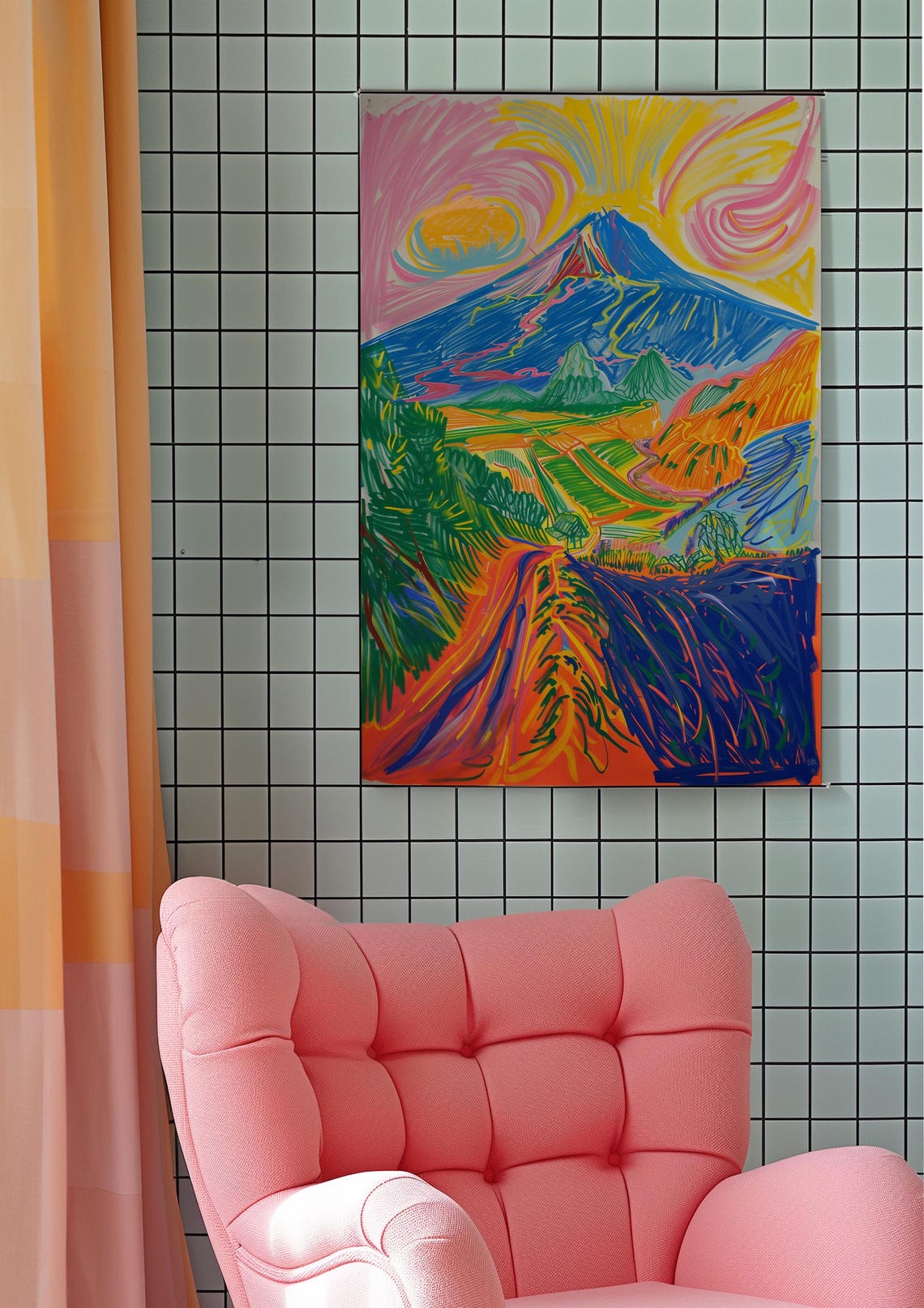 Blue Mountain Under Swirling Pink Yellow Sky Vibrant Landscape Poster - Image 5