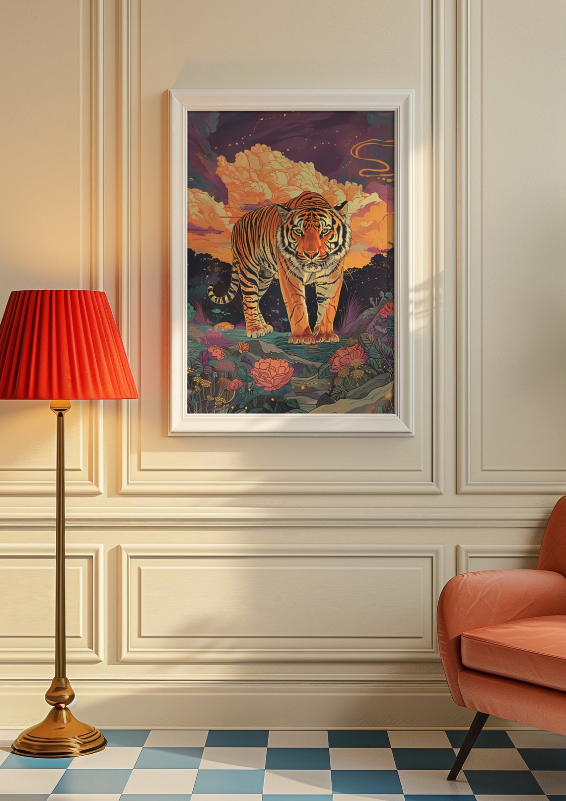 Tiger Walking Through a Vibrant Night Jungle with Flowers Poster - Image 9