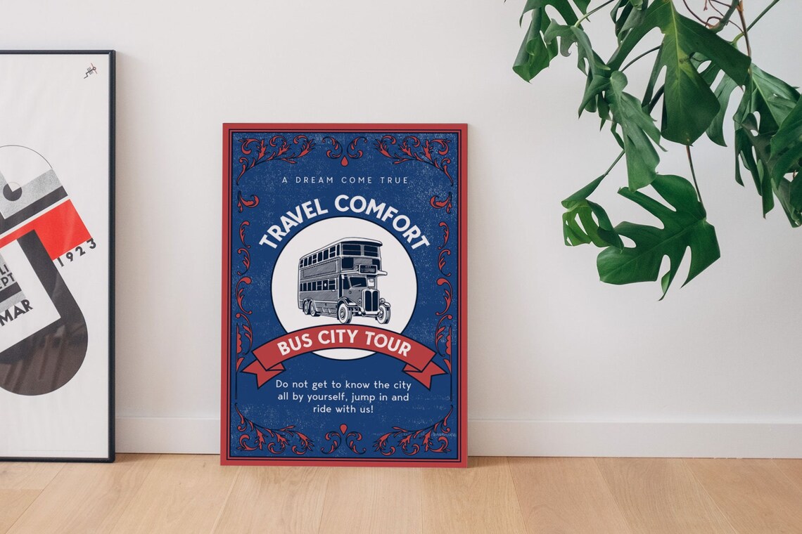 Travel Comfort Bus City Tour Vintage 1900s Style Navy Ad Poster - Image 5