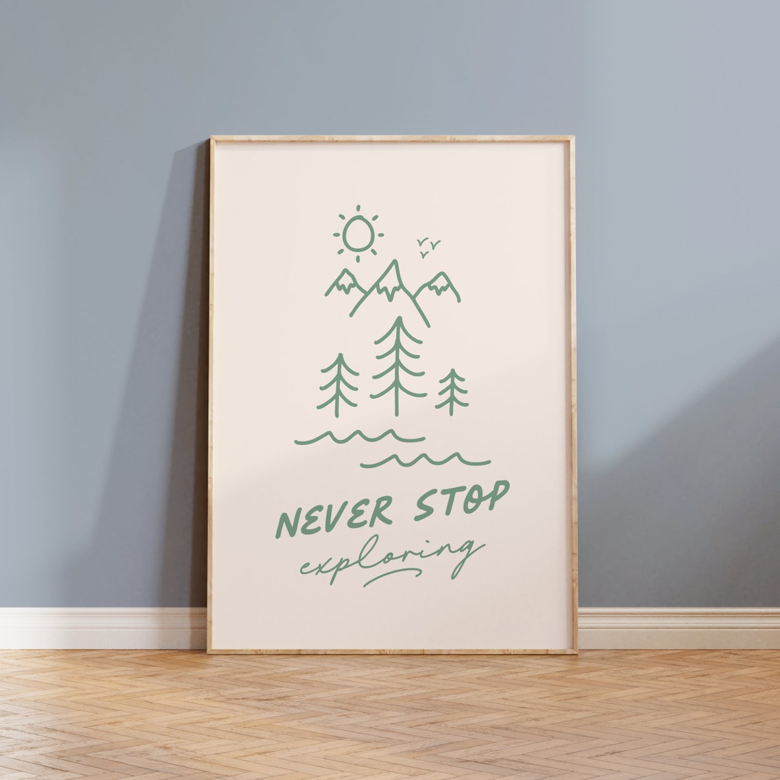 Never Stop Exploring Green Mountain Line Art Adventure Quote Poster