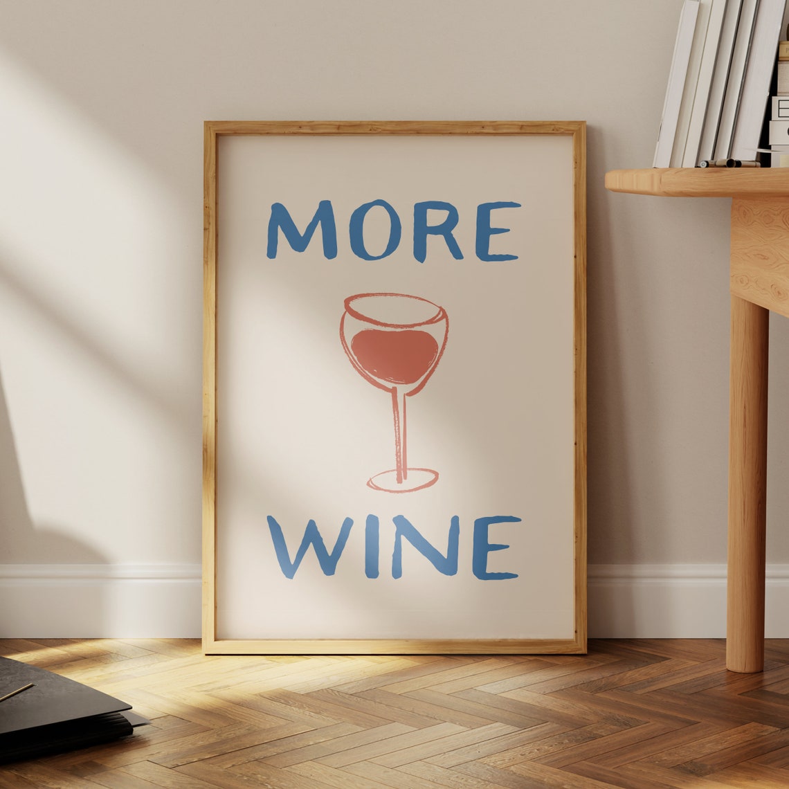 More Wine Blue Text with Coral Hand Drawn Wine Glass Kitchen Art Print - Image 4