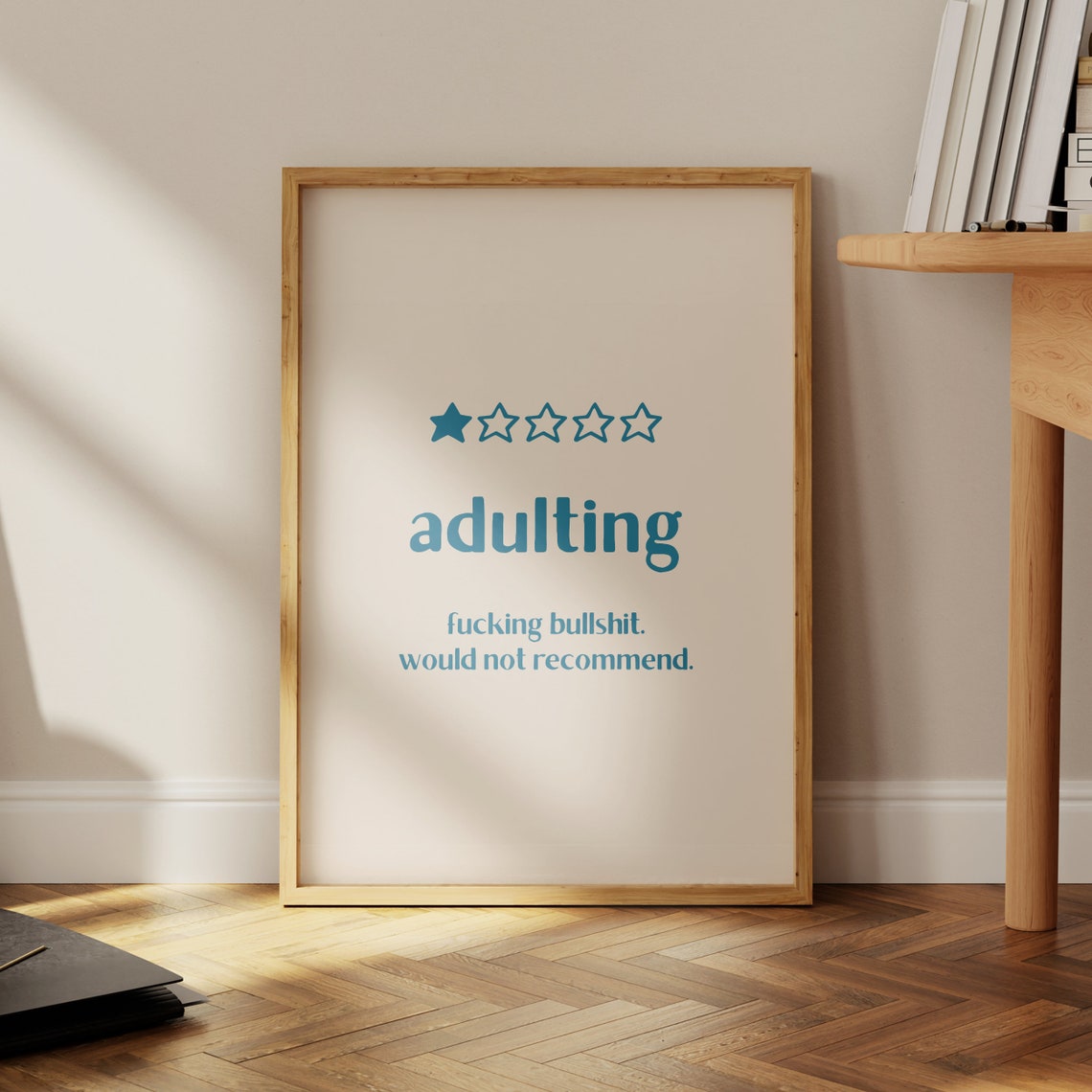Adulting One Star Review Blue Funny Quote Serif Typography Wall Art