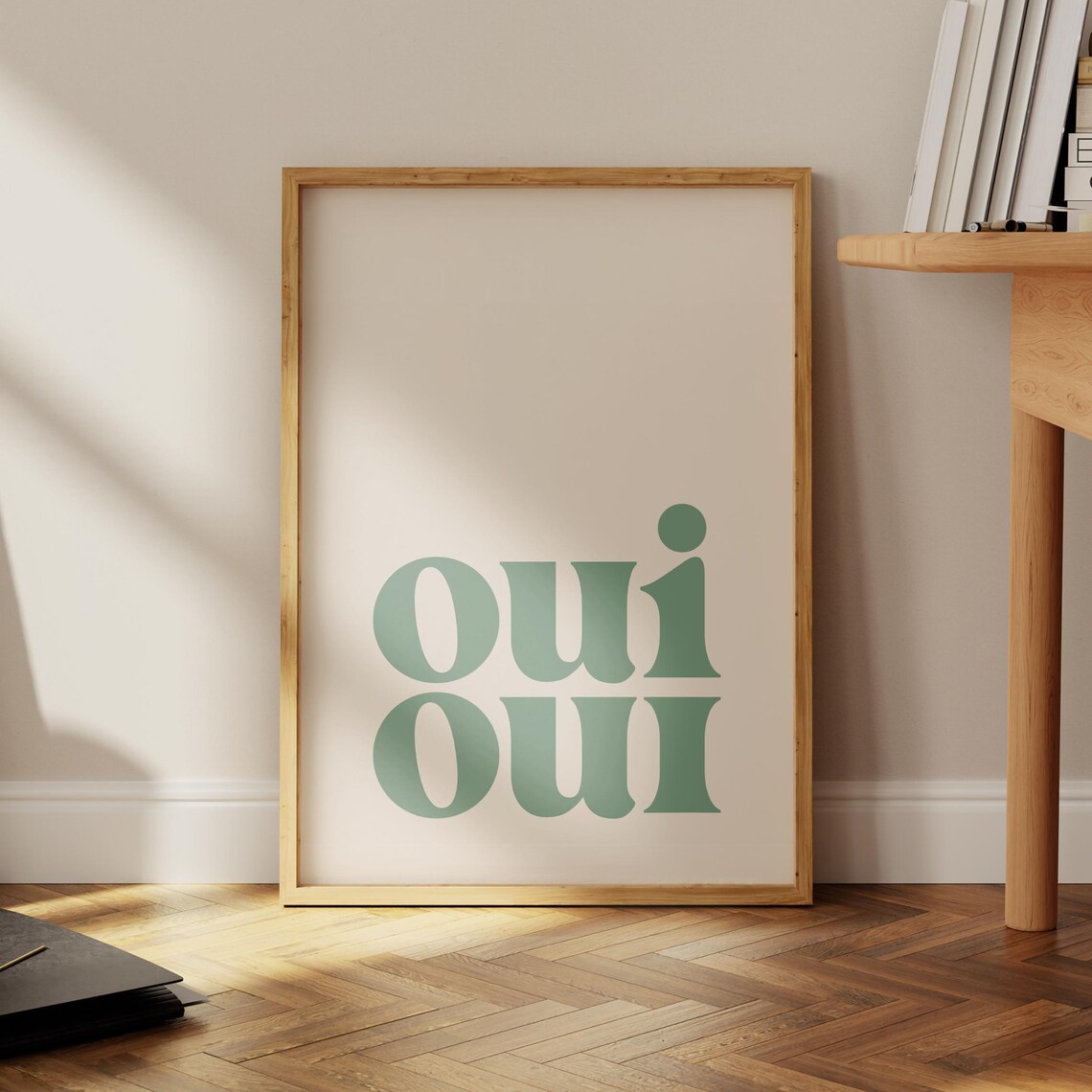 Oui Oui Sage Green Bold French Typography Cream Bathroom Poster