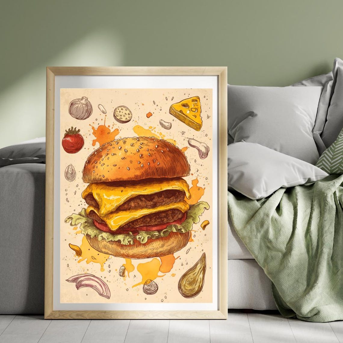 Vintage Cheeseburger Illustration Floating Ingredients Kitchen Poster