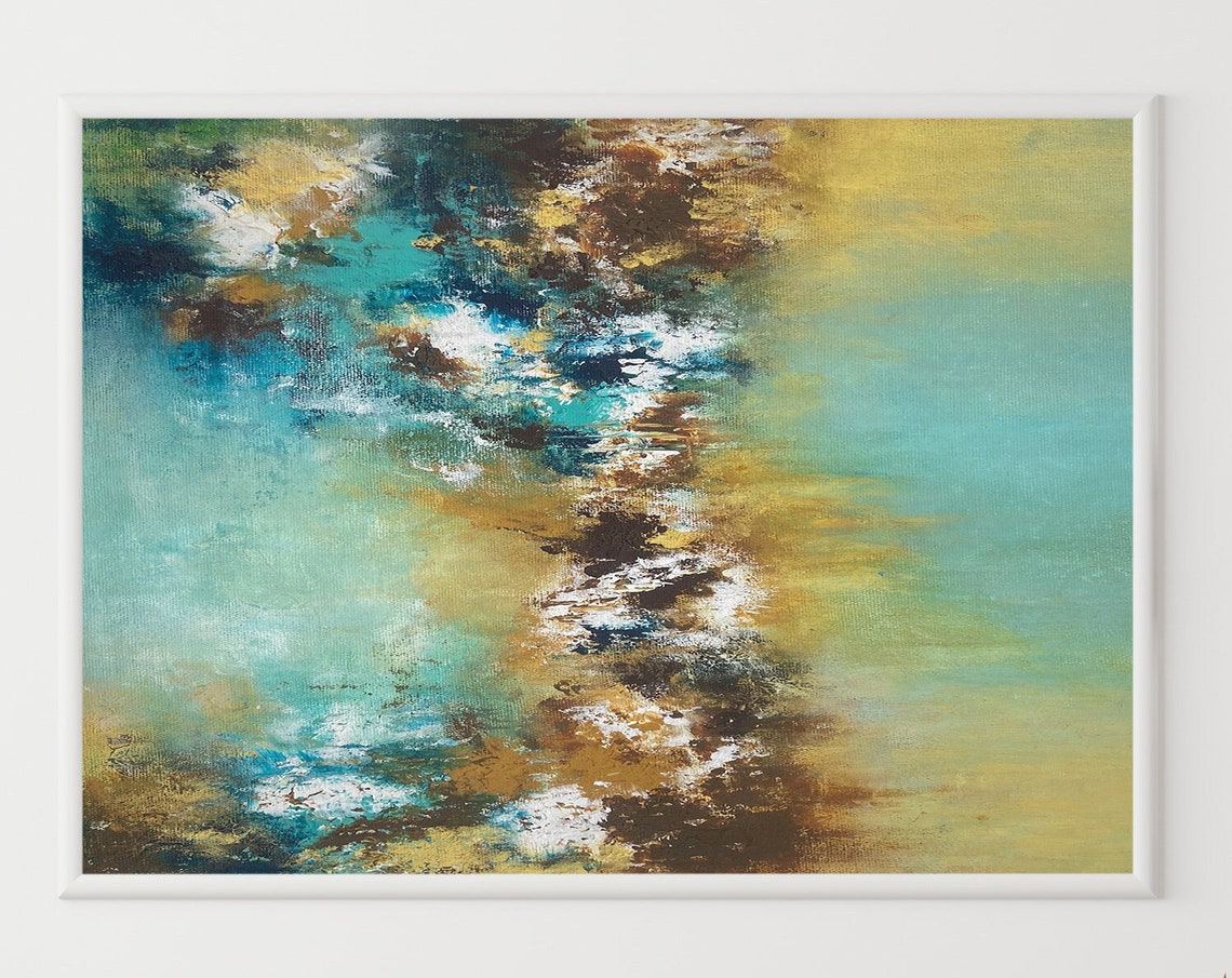 Turquoise and Gold Abstract Landscape Textured Modern Art Poster - Image 3