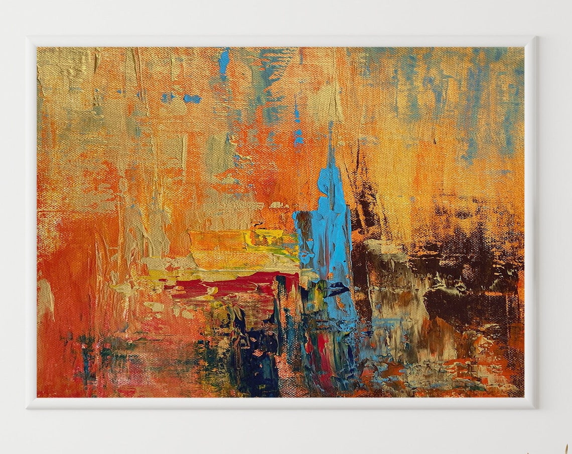 Fiery Orange Gold Blue Sunset Textured Abstract Horizontal Poster - Image 4