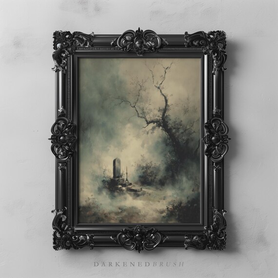 Gothic Grave Under Foggy Trees Dark Halloween Cemetery Moody Wall Art Haunted Fall Autumn Decor Spooky Academia