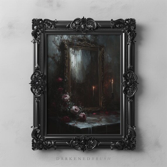 Dark Gothic Mirror Wall Art Romantic Rose Still Life Botanical Candlelight Academia Moody Decor