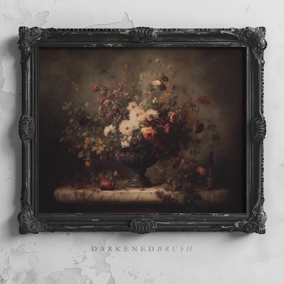 Gothic Victorian Floral Still Life With Stone Table Dark Botanical Academia Romantic Flower Arrangement Vintage Oil Painting 259