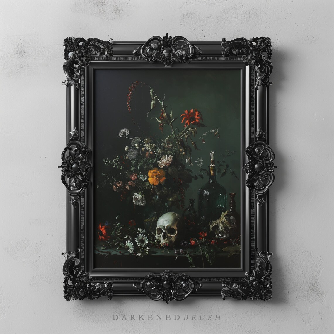 Dark Flowers and Skull Vintage Gothic Still Life Art Print
