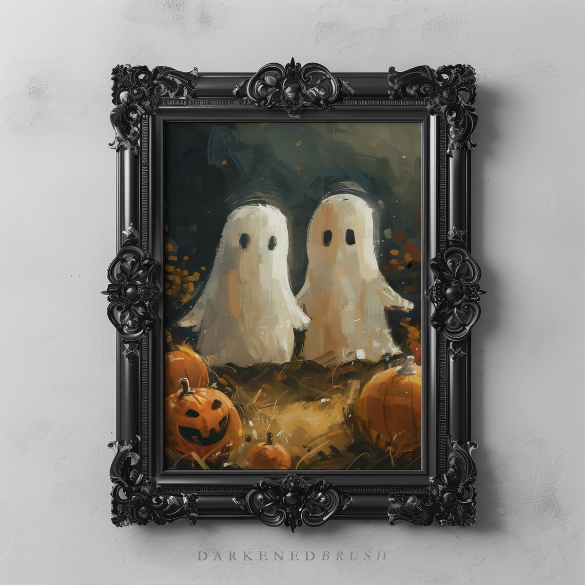 Cute Vintage Halloween Ghosts In Pumpkin Patch Art Fall Autumn Decor Whimsical Print Wall Spooky Season
