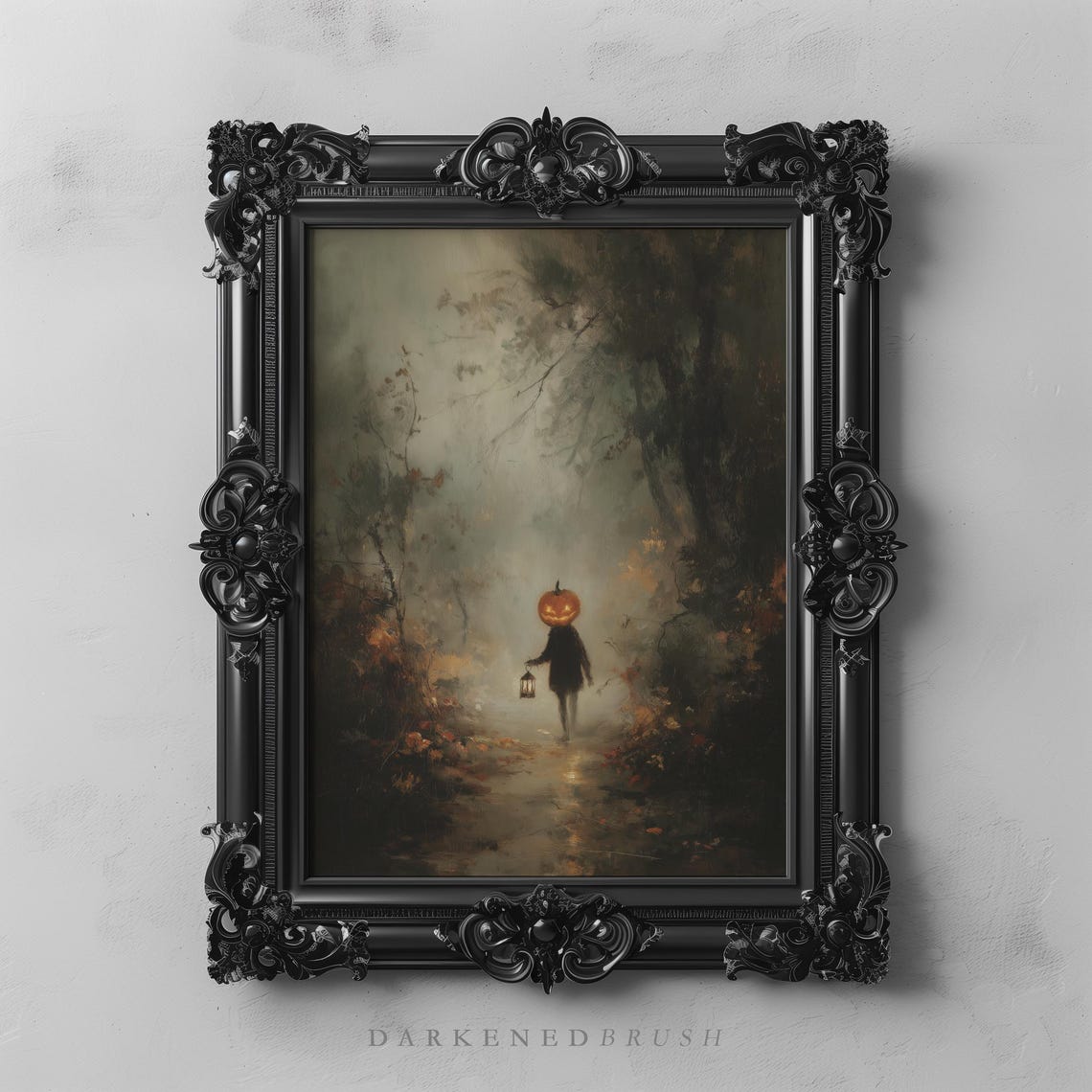 Lonely Pumpkin Headed Child Lantern Foggy Forest Halloween Print