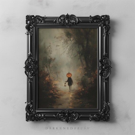 Pumpkinheaded Child With Lantern In Foggy Dark Forest Woods Moody Vintage Halloween Nature Art Autumn Fall Decor 315