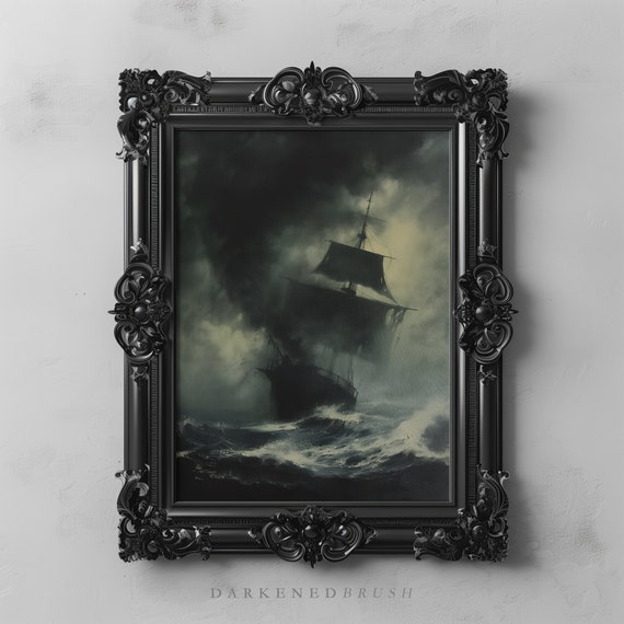 Vintage Ship Sea Waves Painting, Moody Nautical Art Print